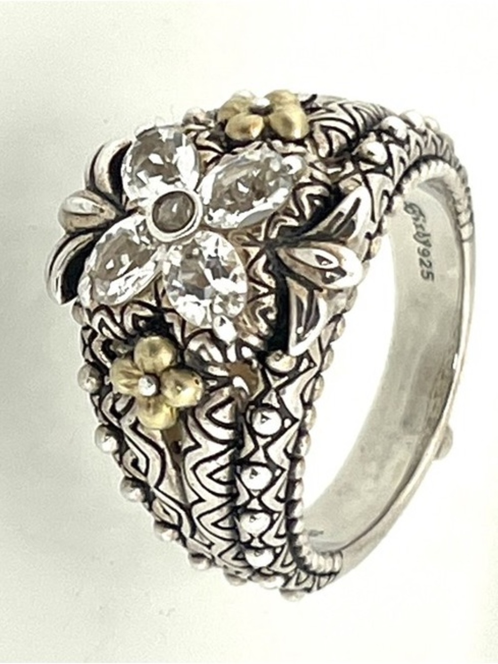 Barbara Bixby Sterling Silver Floral white topaz Ring with Gold Accents